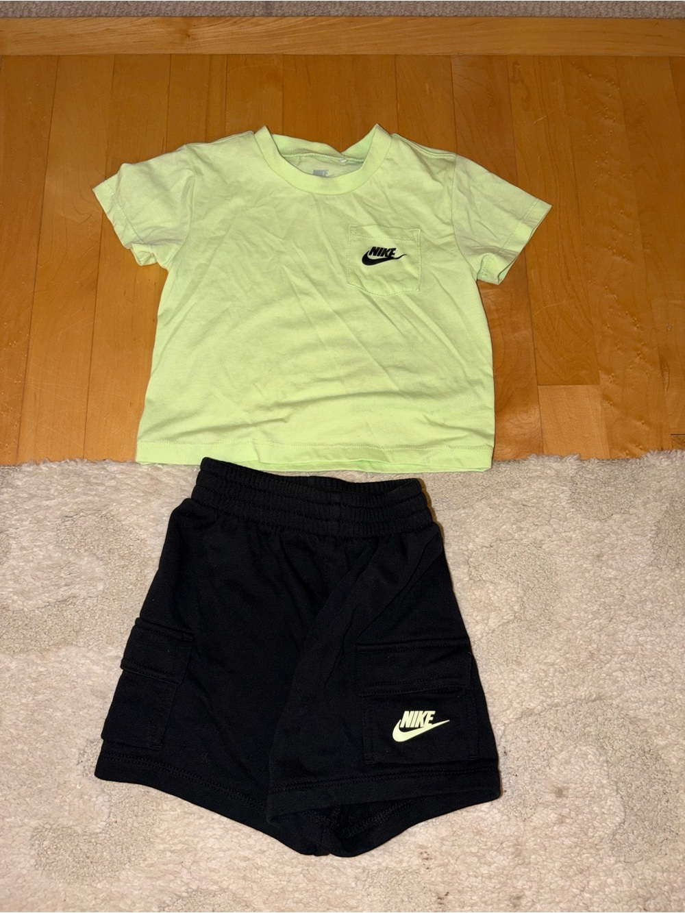 24 MTHS Nike Kids Black Cargo Shorts Neon Green Logo and Matching Neon T Shirt